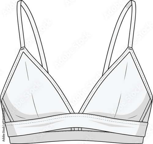 Triangle cup bralette technical sketch, front view, wide underband design, fashion flat drawing, CAD vector illustration, garment design, apparel template