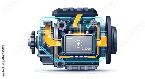 Internal Combustion Engine Schematic with Electrical Components.