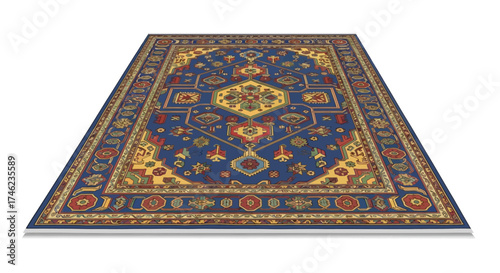 Intricate Persian Rug with Blue and Yellow Patterns.