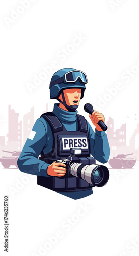 Journalist reporting from a conflict zone with camera and microphone.