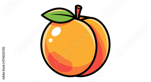 Juicy Peach Fruit with Leaf and Stem.