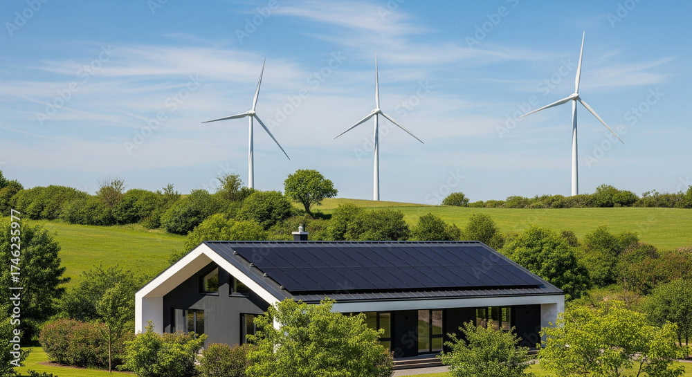 Obraz premium Modern Sustainable House With Solar Panels And Wind Turbines In A Green Rural Landscape