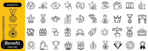 Benefit set of web icons in line style. Exclusive benefits linear icon collection. Containing reward, bonus, loyalty, star, winner, award, prize, incentive, reward and more. Editable stroke
