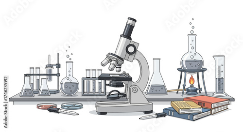 Laboratory equipment and microscope for scientific research.