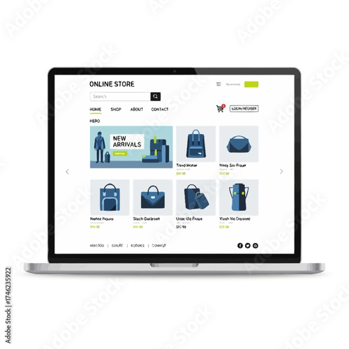 Laptop displaying an online store with various bags and accessories.