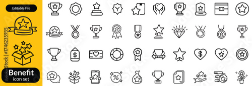 Benefit set of web icons in line style. Exclusive benefits linear icon collection. Containing reward, bonus, loyalty, star, winner, award, prize, incentive, reward and more. Editable stroke