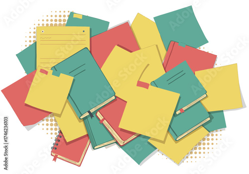 Books sticky notes and loose paper are piled in a disorganized heap