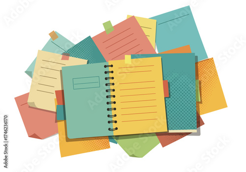 A stack of colorful notes surrounds a spiralbound notebook with yellow lined paper