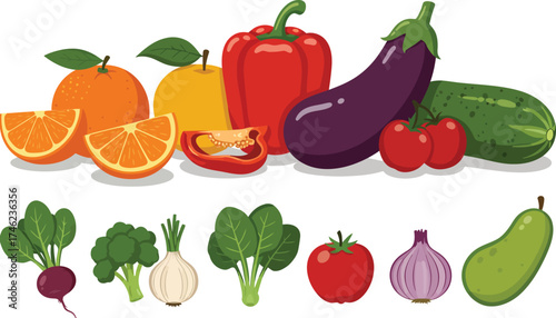 Fresh assortment of colorful fruits and vegetables for healthy eating and nutrition isolated on transparent background
