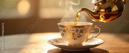 Luxury Golden Tea Pour in Elegant Porcelain Cup – Steaming Hot Drink Photography.
