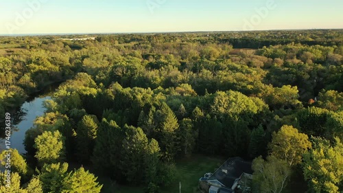 Countryside landscape drone footage. Autumn, sunset, sunny