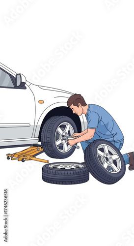 Man changing a car tire on the side of the road.