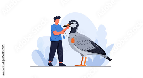 Man Brushing a Giant Birds Face.