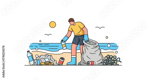 Man cleaning plastic waste from a beach.