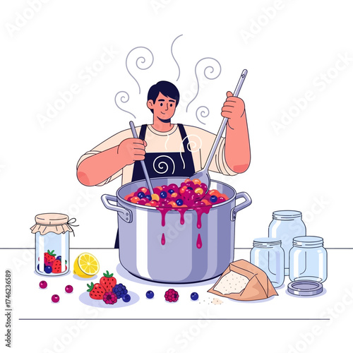Man cooking homemade berry jam in a large pot with fresh fruits and jars.