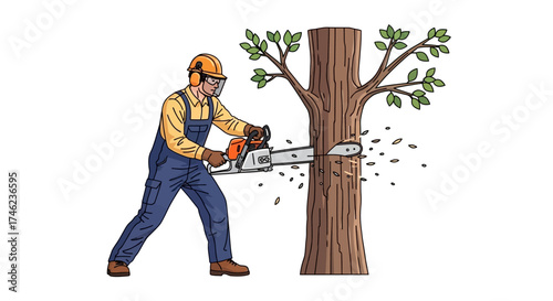 Man cutting down a tree with a chainsaw.