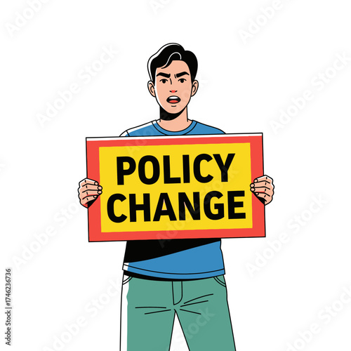 Man holding a sign that says policy change.