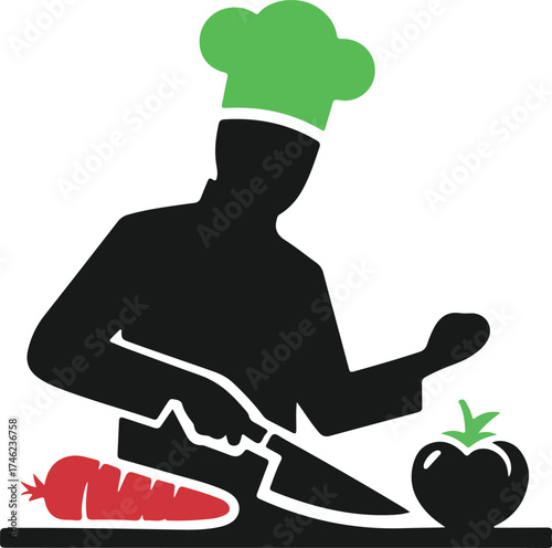 Chef silhouette preparing vegetables with knife on cutting board