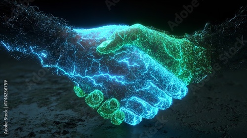 Digital handshake symbolizing partnership, collaboration, and trust with neon and electric particles, creating a futuristic agreement.