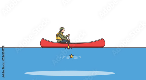 Man in Canoe Paddling Towards a Starfish in the Water.