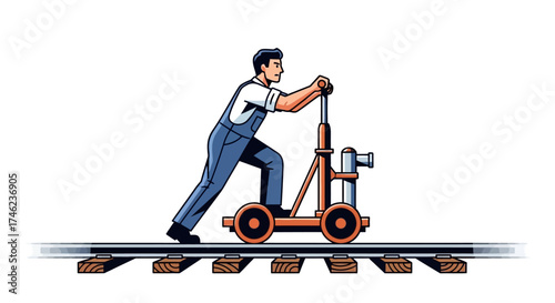 Man Operating a Handcar on Railroad Tracks.