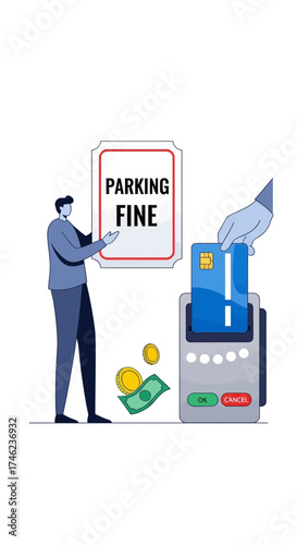 Man paying parking fine with credit card at machine.