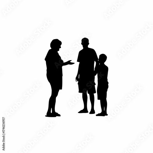 Family therapist mediating parents and teenager argument silhouette isolated on white background