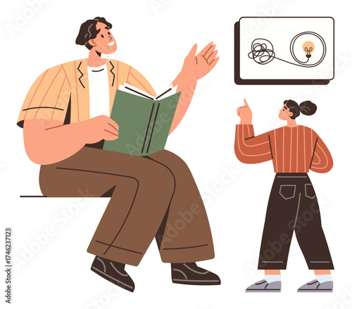 Mentor holding book guiding student pointing at tangled and clear light bulb paths. Ideal for education, mentoring, coaching, problem-solving, guidance, creativity, leadership. Encourages simple flat