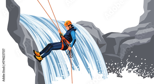 Man rappelling down a waterfall during a thrilling adventure.