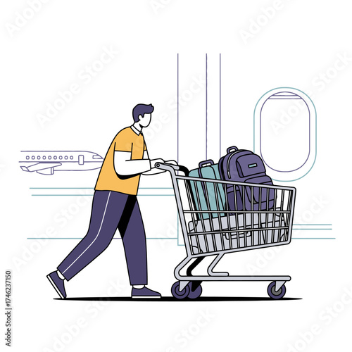 Man pushing luggage cart at airport with airplane visible.