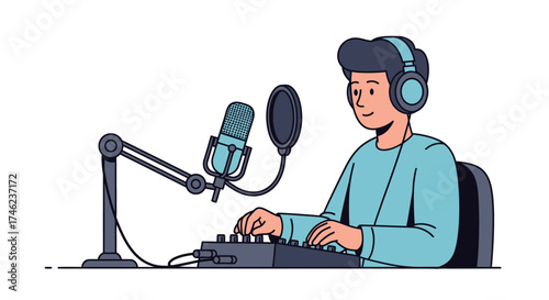 Man recording podcast with microphone and soundboard.