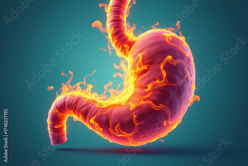 Human stomach burning with acid fire illustrating gastric distress or heartburn, medical concept with glowing orange flames