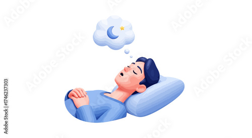 Man sleeping peacefully on a pillow with a dream cloud above his head.