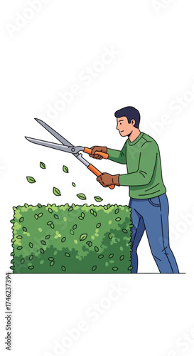 Man trimming a hedge with shears.
