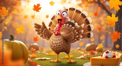 A cheerful cartoon turkey with its feathers fanned out, standing in a field of autumn leaves with a pumpkin and a slice of pie, celebrating thanksgiving