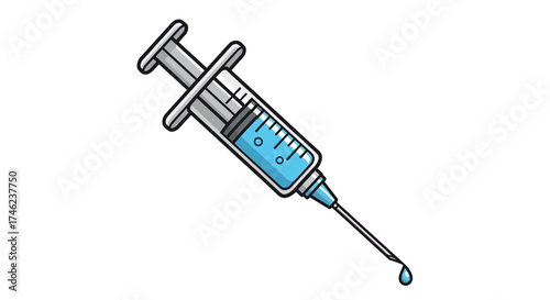 Medical Syringe with Blue Liquid and Droplet.