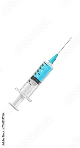 Medical syringe with blue liquid and needle.