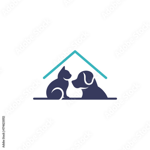 Stylized Cat and Dog Silhouette Under a Teal Roof, Pet Care Logo