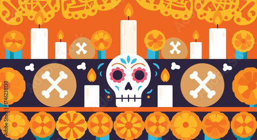 This flat design illustration showcases a traditional Day of the Dead Ofrenda, meticulously adorned with marigolds, candles, and symbolic offerings.