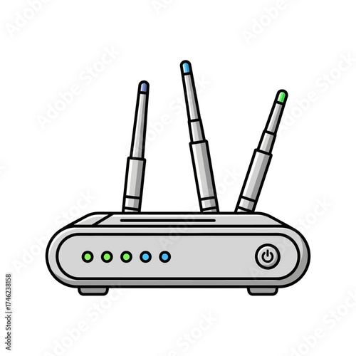 Modern Wireless Router with Three Antennas and LED Indicators.