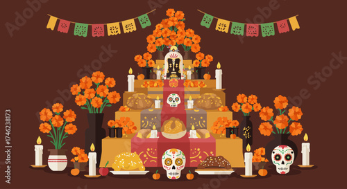 This flat design illustration showcases a traditional Day of the Dead Ofrenda, meticulously adorned with marigolds, candles, and symbolic offerings.