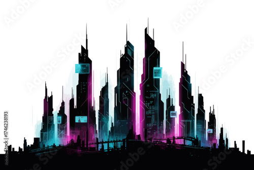 Futuristic Cyber City Skyline Illustration,

Sci-Fi Metropolis Digital Art,

Neon Future Cityscape Vector Design