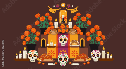 This flat design illustration showcases a traditional Day of the Dead Ofrenda, meticulously adorned with marigolds, candles, and symbolic offerings.