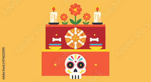 This flat design illustration showcases a traditional Day of the Dead Ofrenda, meticulously adorned with marigolds, candles, and symbolic offerings.
