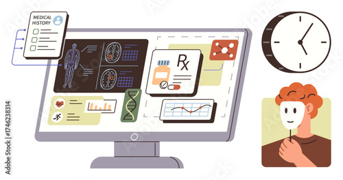 Computer displaying medical history, DNA, charts, medications, and scientific visuals. Clock and masked individual representing time and identity themes. Ideal for health, technology, research time