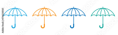 Umbrella icon set. Parasol symbol. Weather sign. Vector illustration.umbrella icon. Thin, Light Regular And Bold style design isolated on white Vibrant colorful umbrella set for spring weather designs