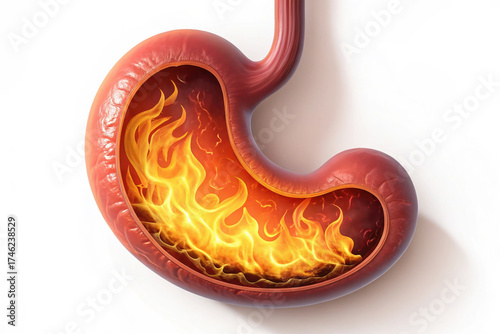 Human Stomach Burning Inside, Internal Fire, Acid Reflux, Gastric Pain Concept, Digestive Organ