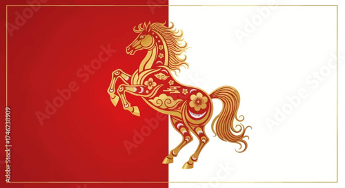 Elegant Running Horse Illustration in Golden Tones with Traditional Chinese Design Elements