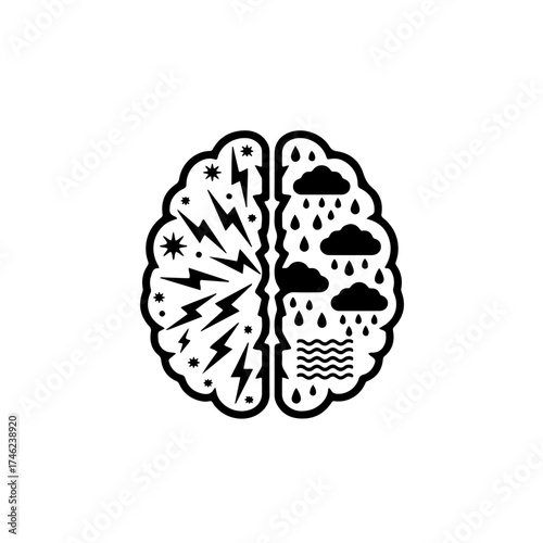A conceptually strong black and white vector icon illustrating the neurological basis of Bipolar Disorder. The design features a human brain silhouette starkly divided into two distinct halves