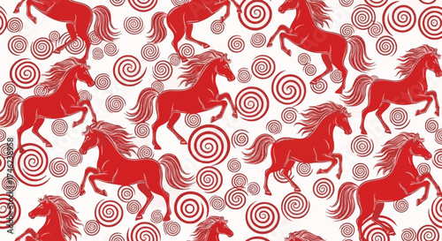 Elegant Red Horses Pattern on White Background with Swirl Accents